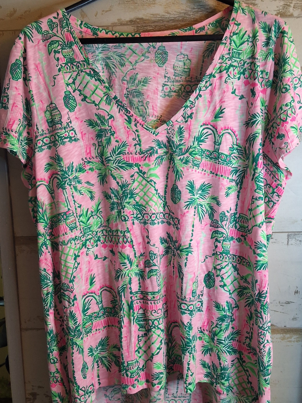 Women's Pink V-Neck Tropical Palm Print Tunic Lily Pulitzer XXL